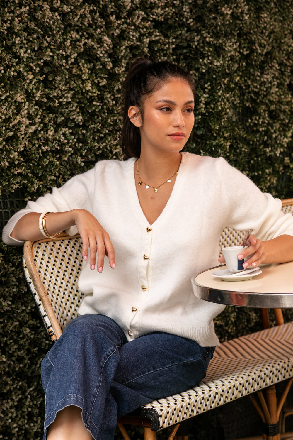 Cardigan Aimée lana e viscosa con orlo a treccia e bottoncini a cuore