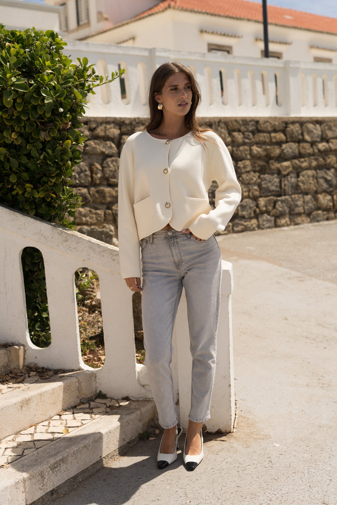 Cardigan Doris misto lana e viscosa con bottoni effetto vintage dorati