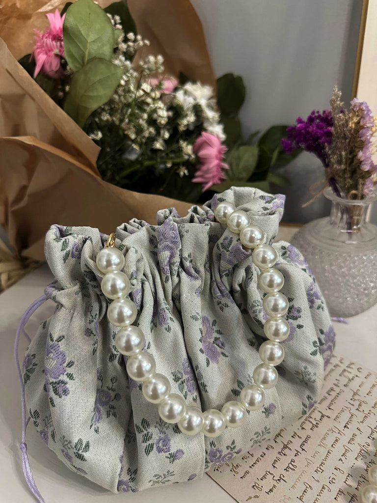 borsa sartoriale in tela di cotone con stampa a fiorellini lilla