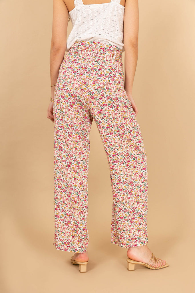 pantaloni in viscosa a fiori con cintura abbinata