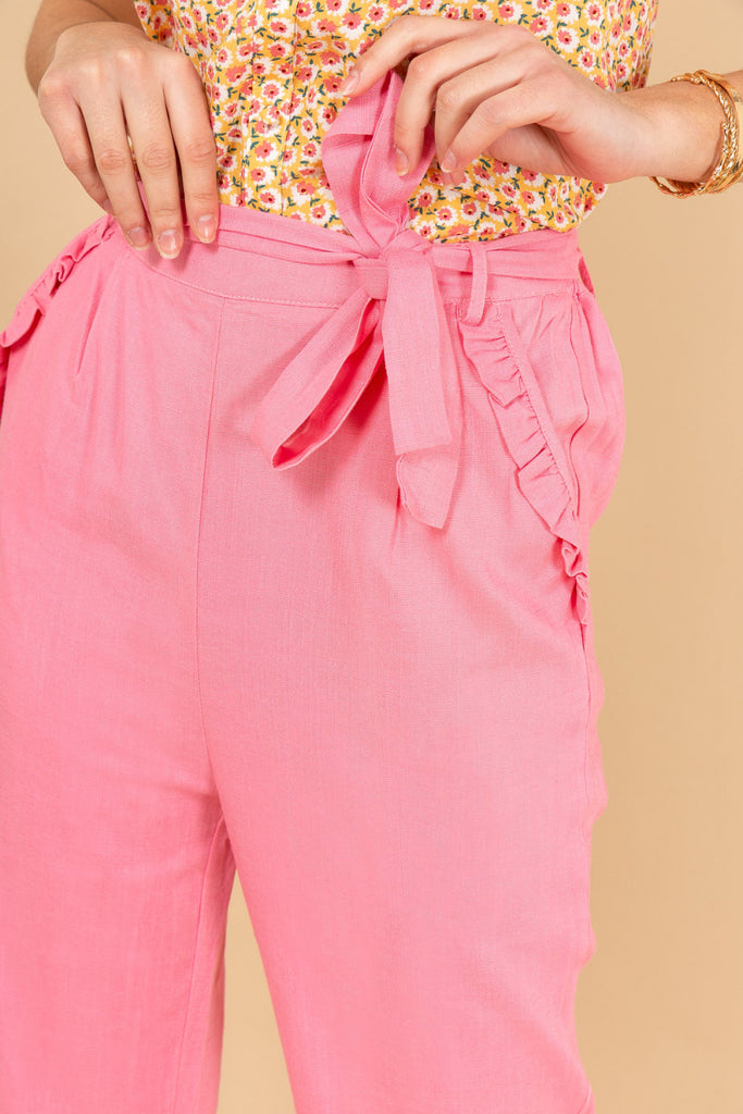 Pantaloni lino e cotone con rouches sulle tasche e cintura abbinata