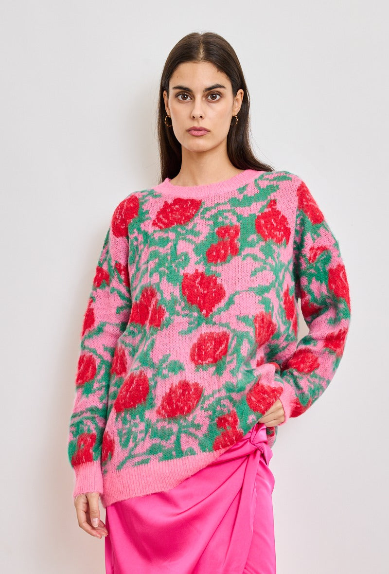 maglione oversize stampa rose rosse